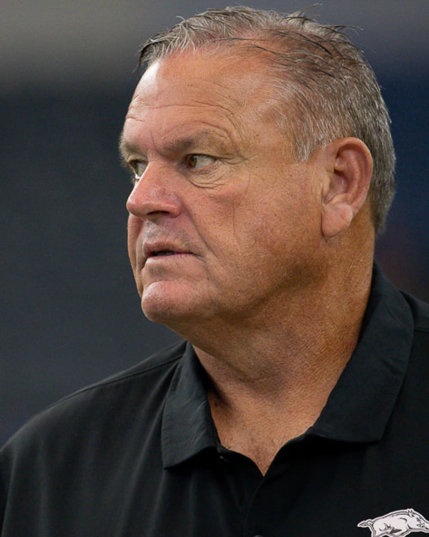 Razorbacks coach Sam Pittman in game against Texas A&M at AT&T Stadium